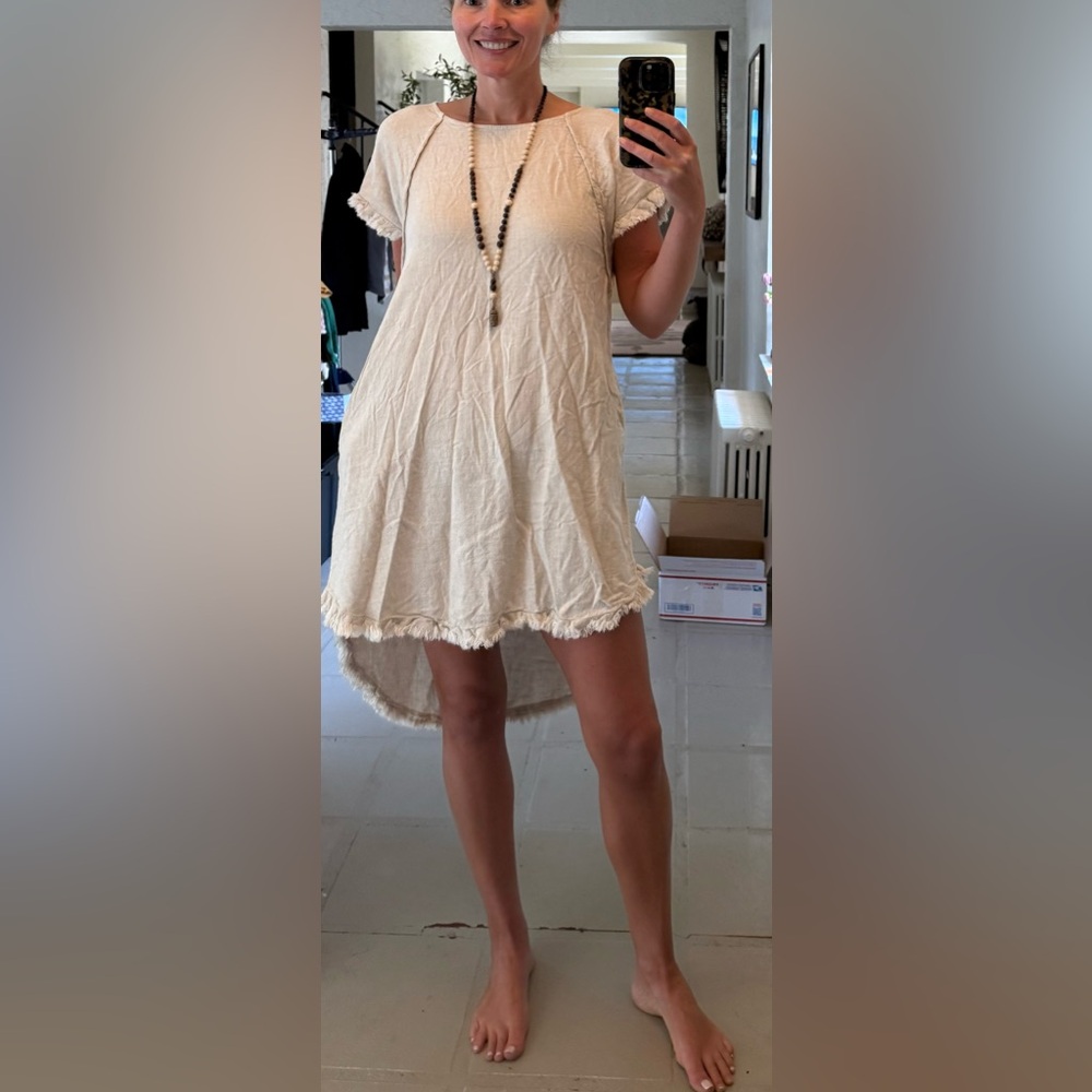 Umgee Linen Blend High Low Dress S Oatmeal Frayed Hem Boho Minimalist